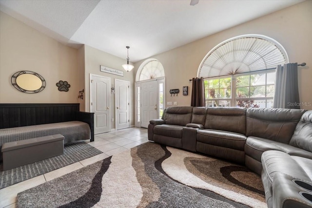 living room featuring light tile patterned flooring