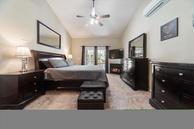 bedroom with a wall unit AC, light carpet, ceiling fan, and vaulted ceiling