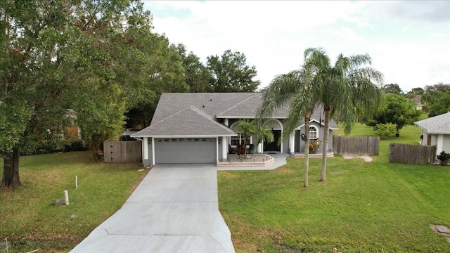 ranch-style home with a front lawn and a garage