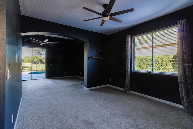 unfurnished room featuring ceiling fan, a wealth of natural light, carpet, and a textured ceiling