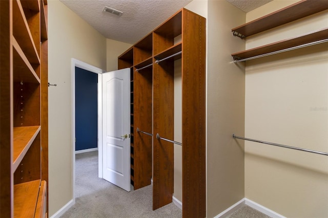 spacious closet featuring light colored carpet