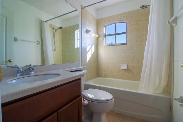 full bathroom with toilet, vanity, shower / bathtub combination with curtain, and tile patterned flooring