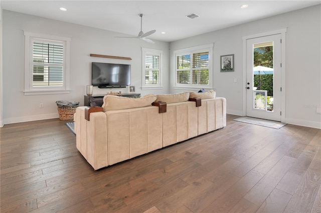 living room with hardwood / wood-style floors, a wealth of natural light, and ceiling fan