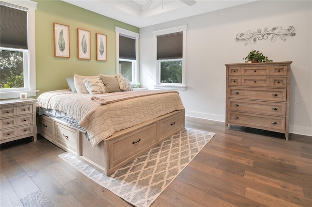 bedroom with a raised ceiling and dark wood-type flooring