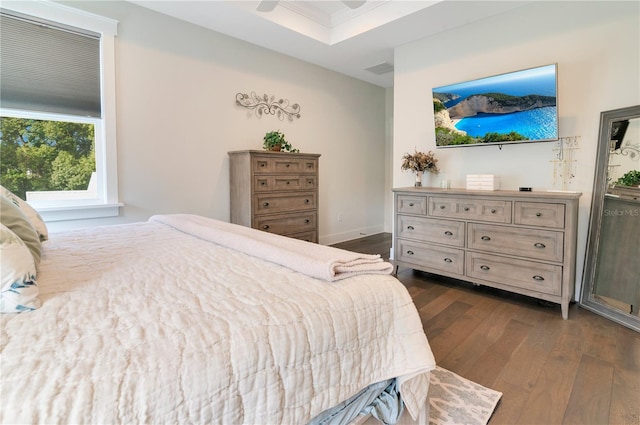 bedroom featuring dark hardwood / wood-style floors and ceiling fan