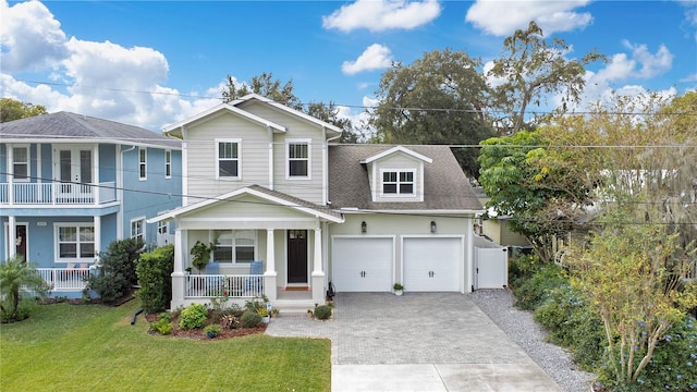 view of front of house with covered porch, a garage, and a front yard