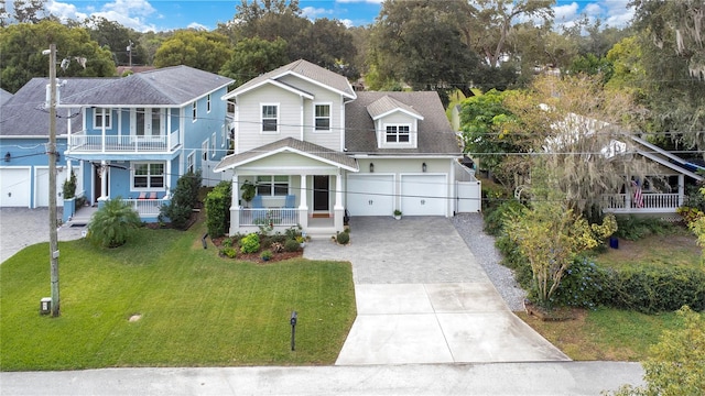 view of front of house with a balcony, covered porch, and a front yard