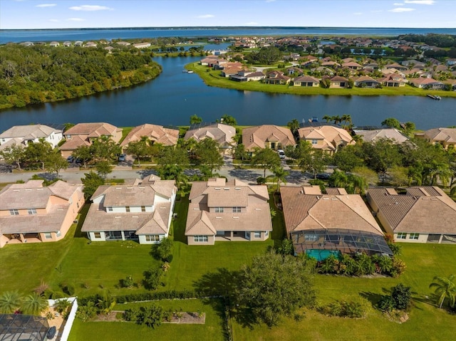 drone / aerial view with a water view