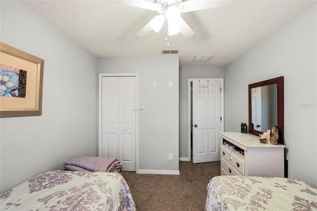 carpeted bedroom with a closet and ceiling fan