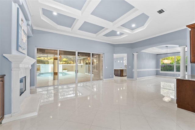 unfurnished living room featuring ornate columns, coffered ceiling, crown molding, light tile patterned floors, and beamed ceiling