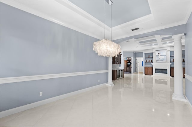 tiled dining space featuring an inviting chandelier and crown molding