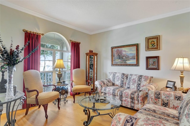 living room with light wood-type flooring and crown molding