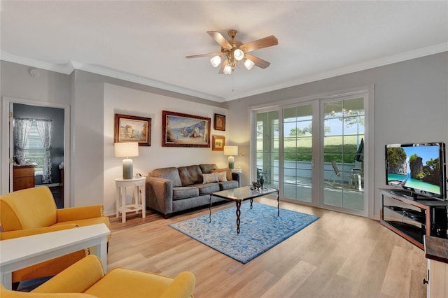 living room with plenty of natural light, crown molding, and light hardwood / wood-style flooring