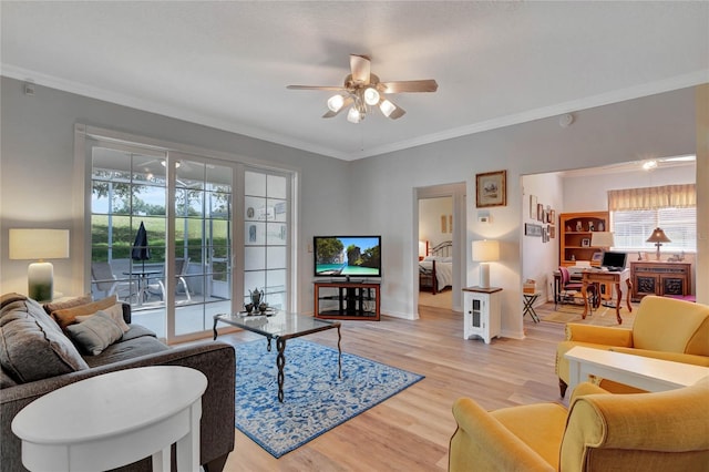 living room featuring ceiling fan, light hardwood / wood-style flooring, and crown molding