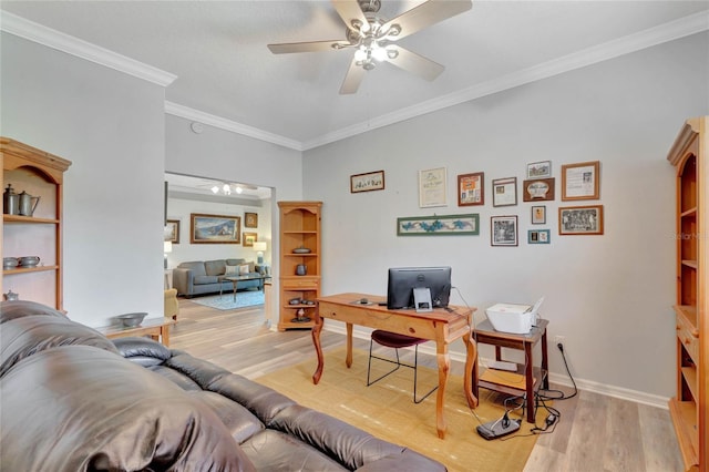 office with light hardwood / wood-style flooring, ceiling fan, and ornamental molding