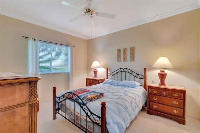 bedroom with ceiling fan, light colored carpet, and ornamental molding