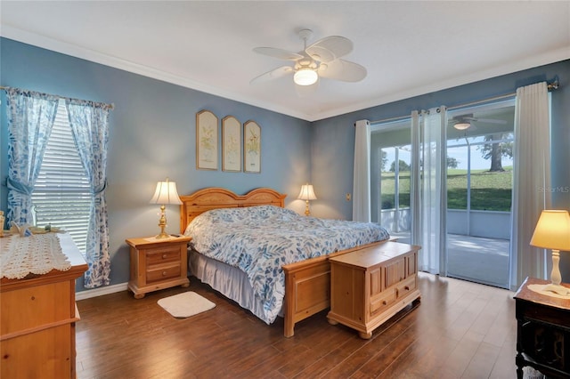 bedroom with access to exterior, ceiling fan, dark hardwood / wood-style flooring, and crown molding