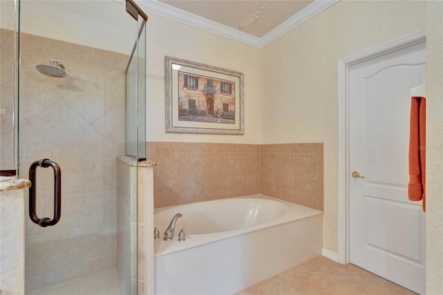 bathroom with ornamental molding, tile patterned floors, and independent shower and bath