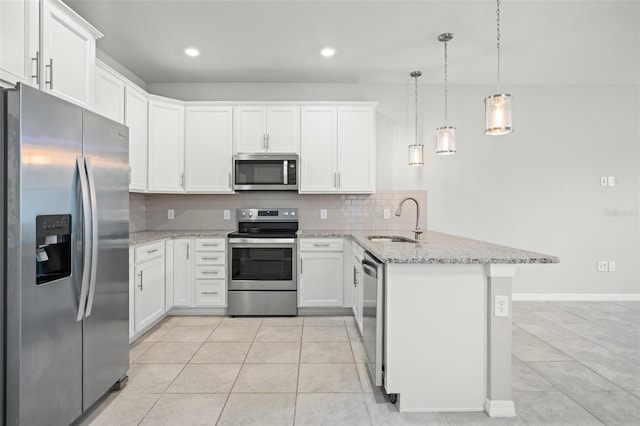 kitchen with pendant lighting, sink, kitchen peninsula, white cabinetry, and stainless steel appliances