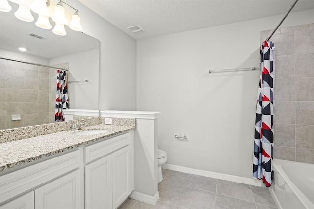 full bathroom featuring shower / bathtub combination with curtain, tile patterned floors, a textured ceiling, toilet, and vanity