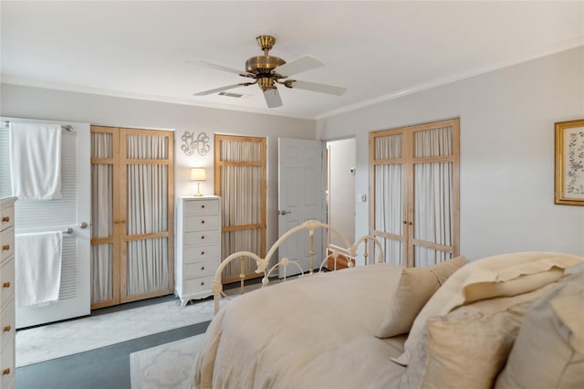 bedroom featuring ceiling fan and crown molding