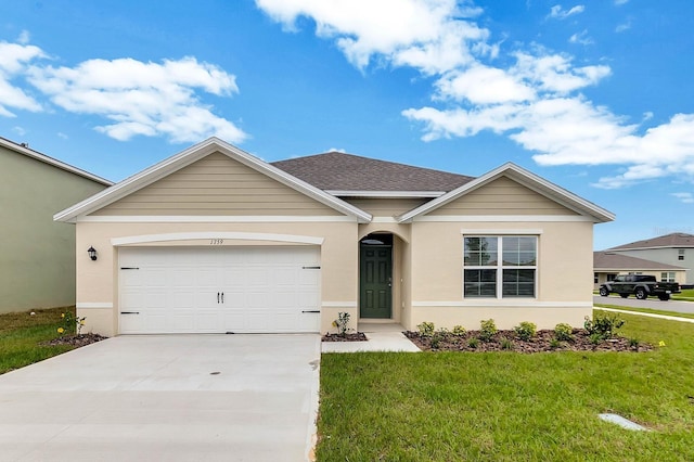 ranch-style house with a garage and a front lawn