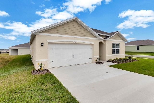 ranch-style house with a front yard and a garage