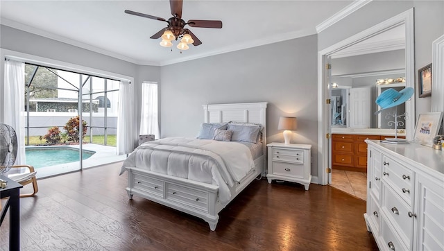 bedroom with access to outside, ceiling fan, dark wood-type flooring, and ornamental molding