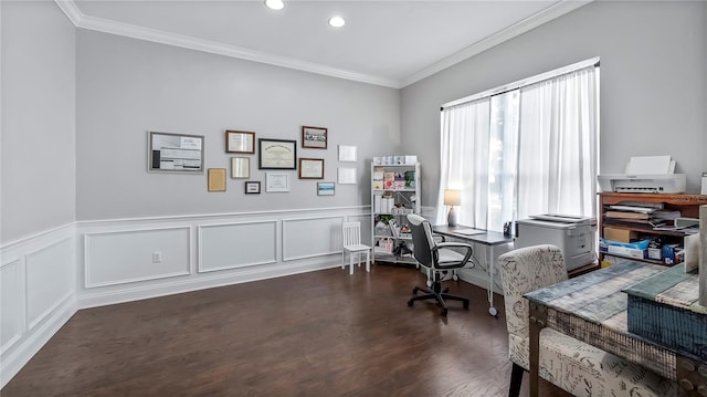 office featuring crown molding and dark wood-type flooring