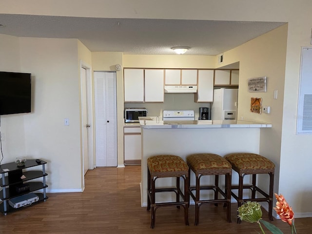 2202 Key W Ct Unit 632, Kissimmee, FL 34741 - kitchen featuring freestanding refrigerator, stainless steel microwave, under cabinet range hood, stove, and dark wood-style floors