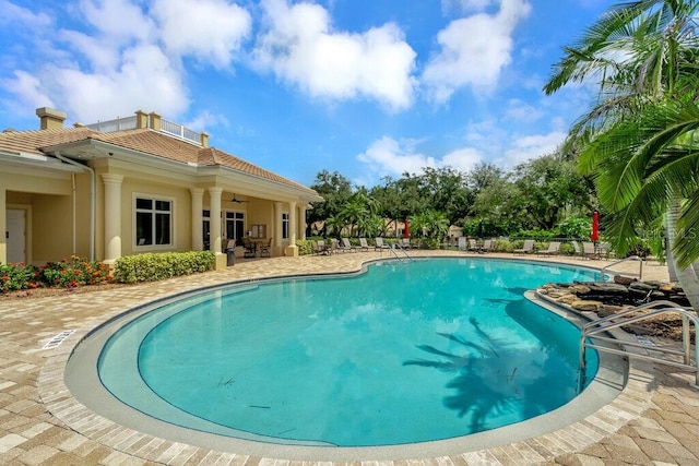 view of pool with ceiling fan and a patio area