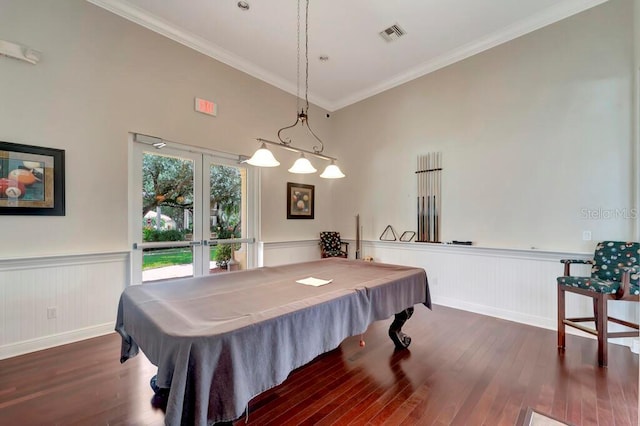 rec room with ornamental molding, dark wood-type flooring, billiards, and french doors