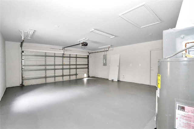 garage with electric panel, water heater, and a garage door opener