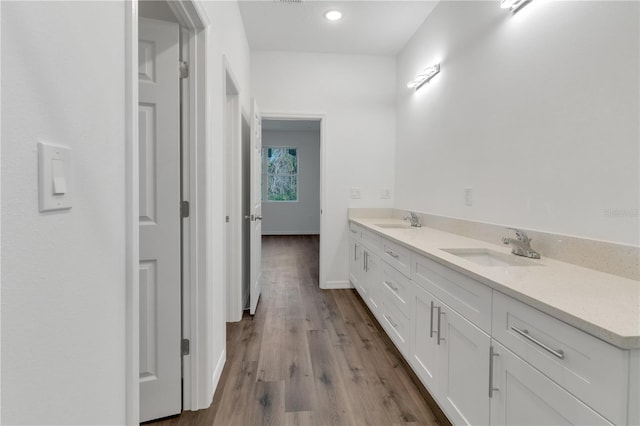 bathroom with vanity and wood-type flooring