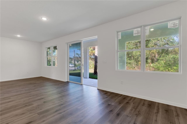 unfurnished room featuring dark wood-type flooring and a healthy amount of sunlight