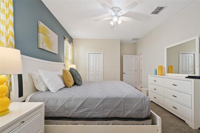 bedroom featuring dark carpet, a closet, and ceiling fan