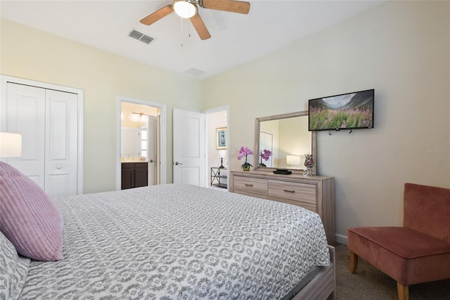 bedroom with carpet flooring, a closet, and ceiling fan