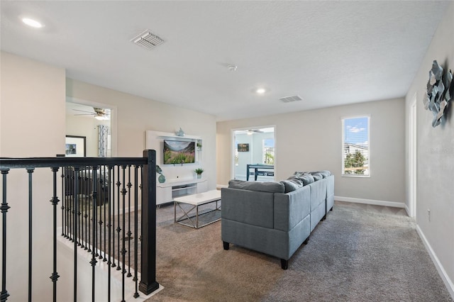 living room with carpet and a textured ceiling