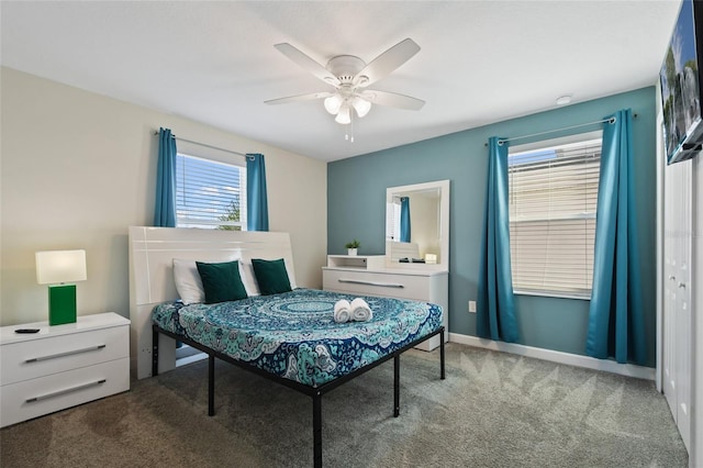 bedroom featuring carpet floors, a closet, and ceiling fan