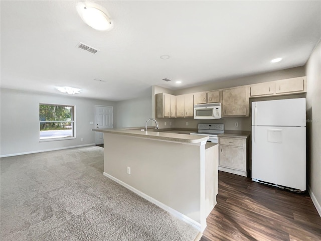 kitchen featuring dark hardwood / wood-style flooring, white appliances, and sink