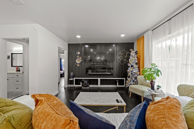 living room with dark wood-type flooring