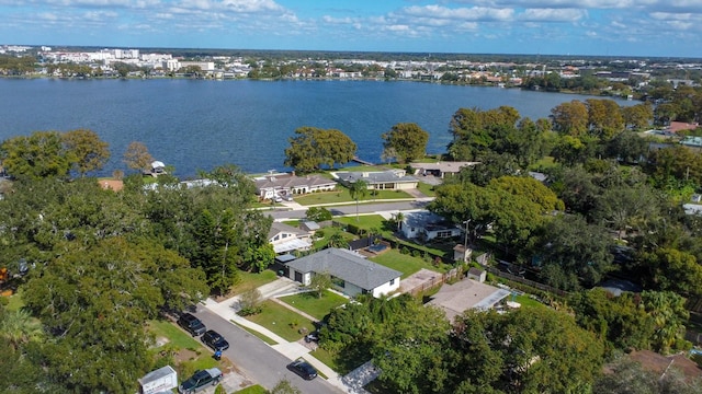 drone / aerial view featuring a water view