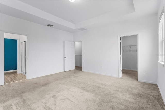 unfurnished bedroom with a raised ceiling, light colored carpet, a spacious closet, and a closet