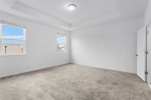 unfurnished room with carpet flooring and a raised ceiling