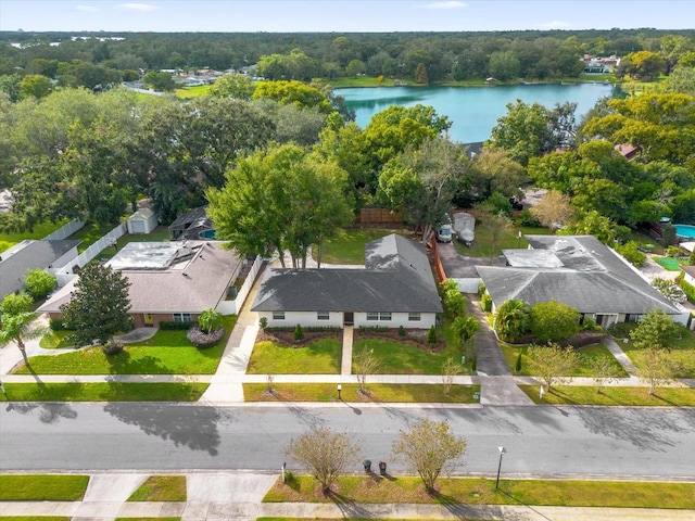 drone / aerial view with a water view