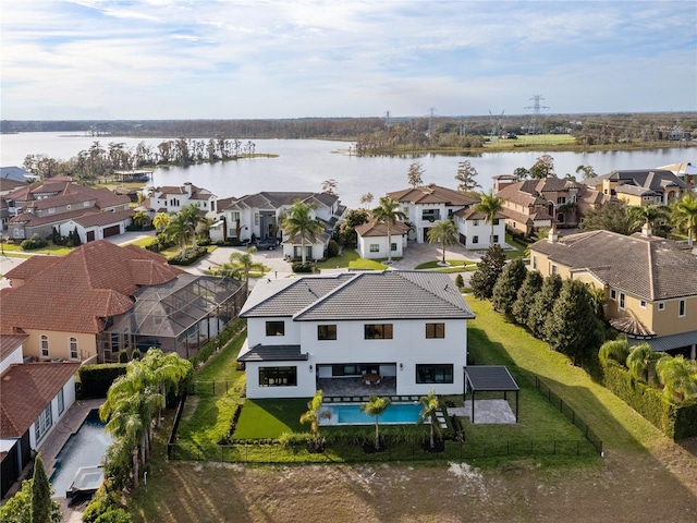 drone / aerial view featuring a water view