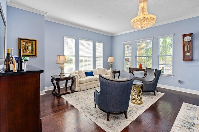 living room featuring a wealth of natural light, dark wood-type flooring, and ornamental molding