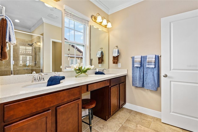 bathroom featuring vanity, a shower with shower door, and crown molding