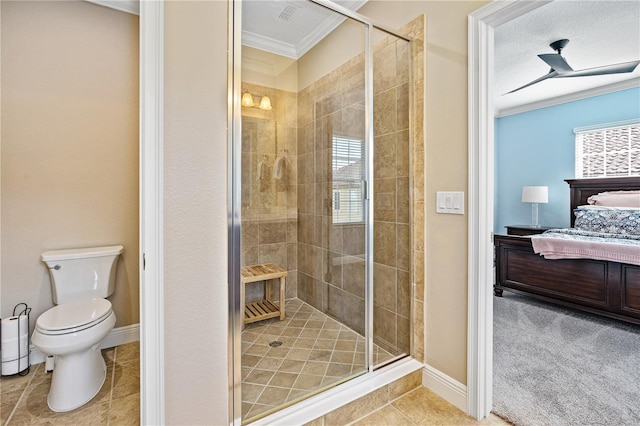 bathroom featuring a shower with door, tile patterned flooring, toilet, ornamental molding, and a textured ceiling