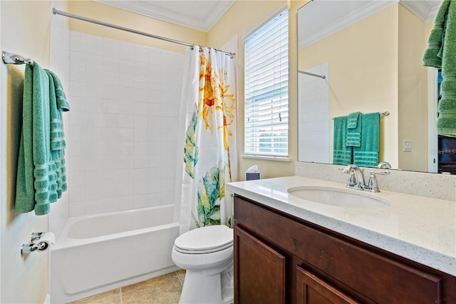 full bathroom featuring tile patterned flooring, toilet, vanity, shower / tub combo, and ornamental molding